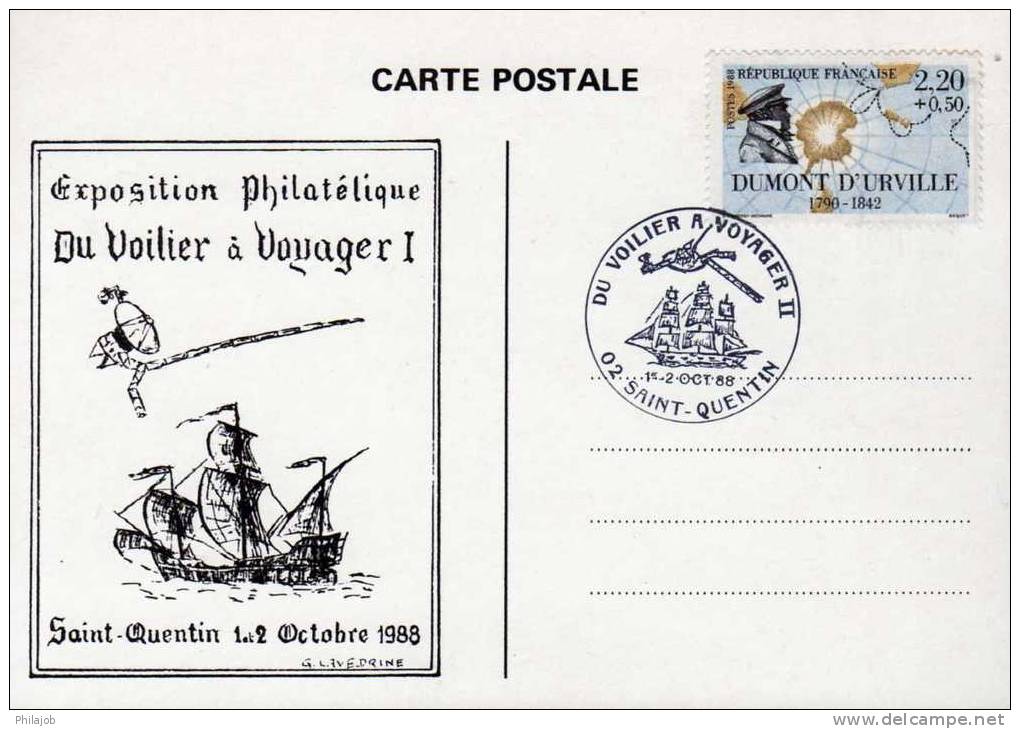 Carte Commémorative "expo Philat Du Voilier à Voyager " + N° 2522 CAD ST QUENTIN 1-2 Oct 1988. En Parfait état ! - Andere & Zonder Classificatie