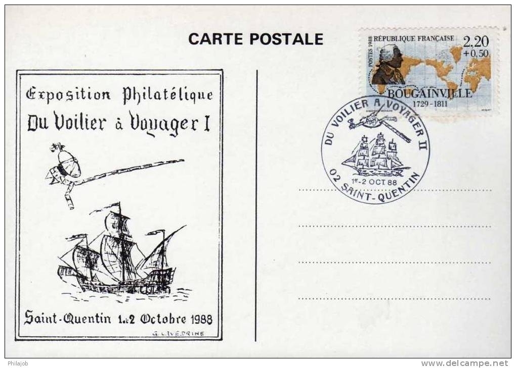Carte Commémorative "expo Philat Du Voilier à Voyager " + N° 2521 CAD ST QUENTIN 1-2 Oct 1988. En Parfait état ! - Cachets Commémoratifs