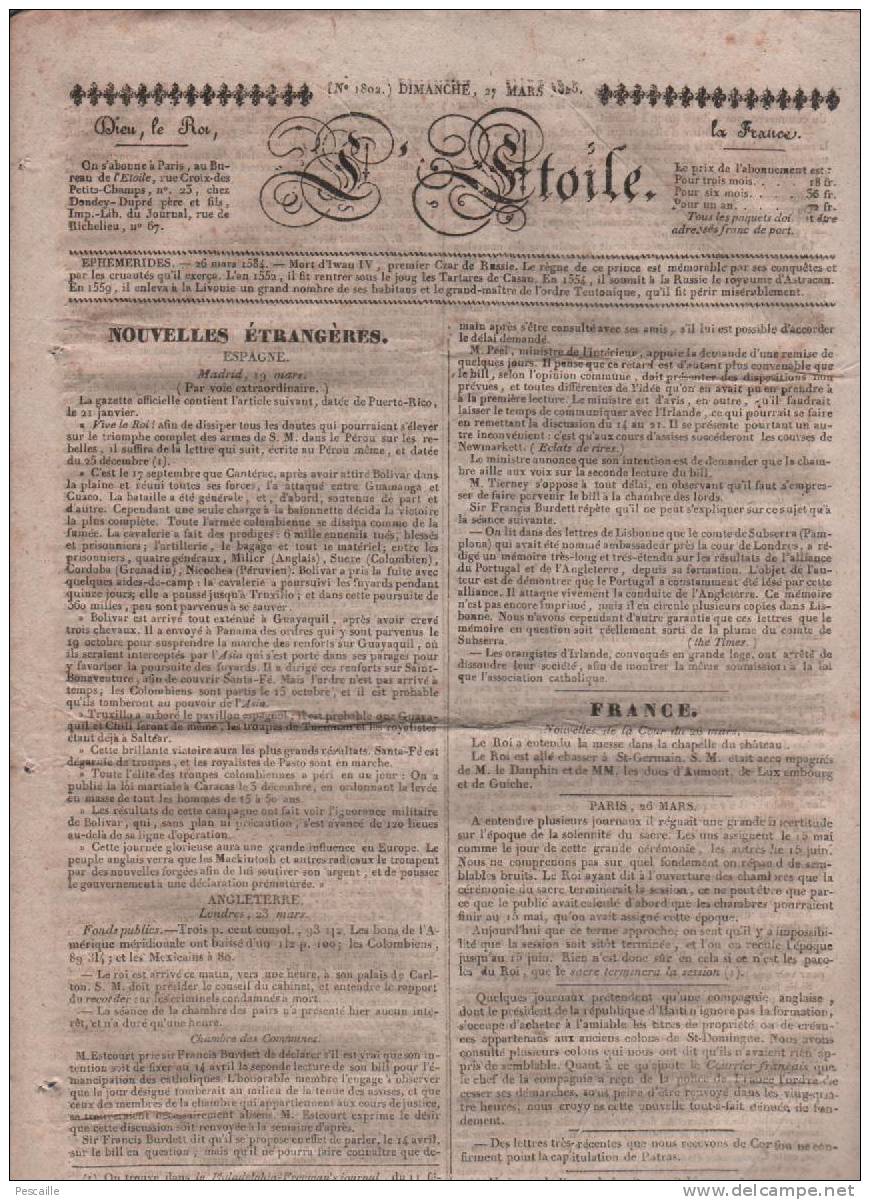L´ETOILE 27 03 1825 - BOLIVAR CUZCO - DETTE PUBLIQUE - RENTE - AFFAIRE PIERRE LOUIS FORT - EXECUTION PAPAVOINE - 1800 - 1849