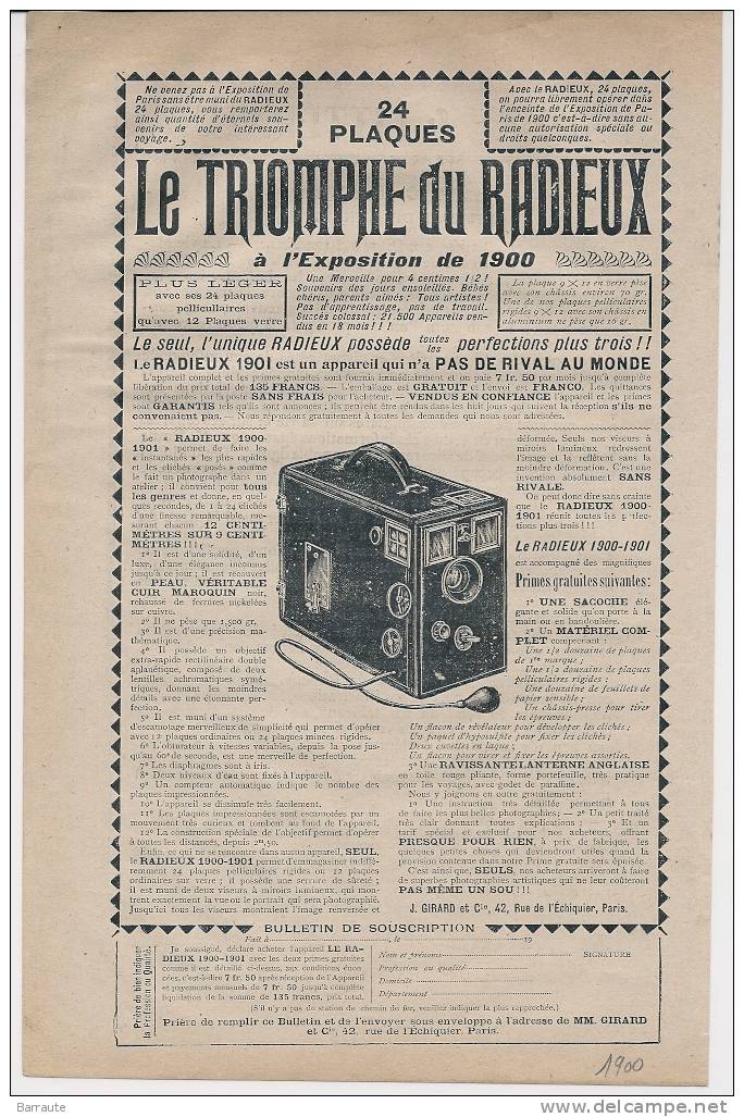 Pub  De 1900 " Appareil Photo Le RADIEUX  Exposition De 1900" - Documents Historiques