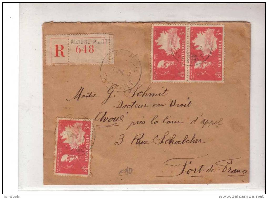 MARTINIQUE - 1947 - Yvert N°211x3 Sur LETTRE RECOMMANDEE De RIVIRE PILOTE Pour FORT De FRANCE - Covers & Documents