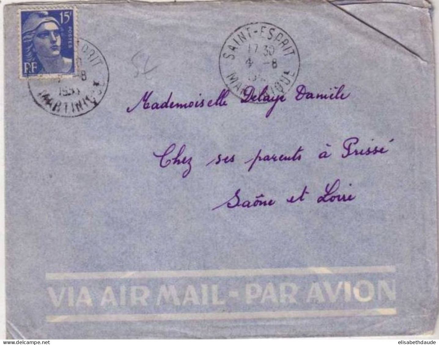 MARTINIQUE - 1953 - TIMBRE De FRANCE TYPE GANDON Sur LETTRE Par AVION De SAINT ESPRIT Pour PRISSE - Covers & Documents