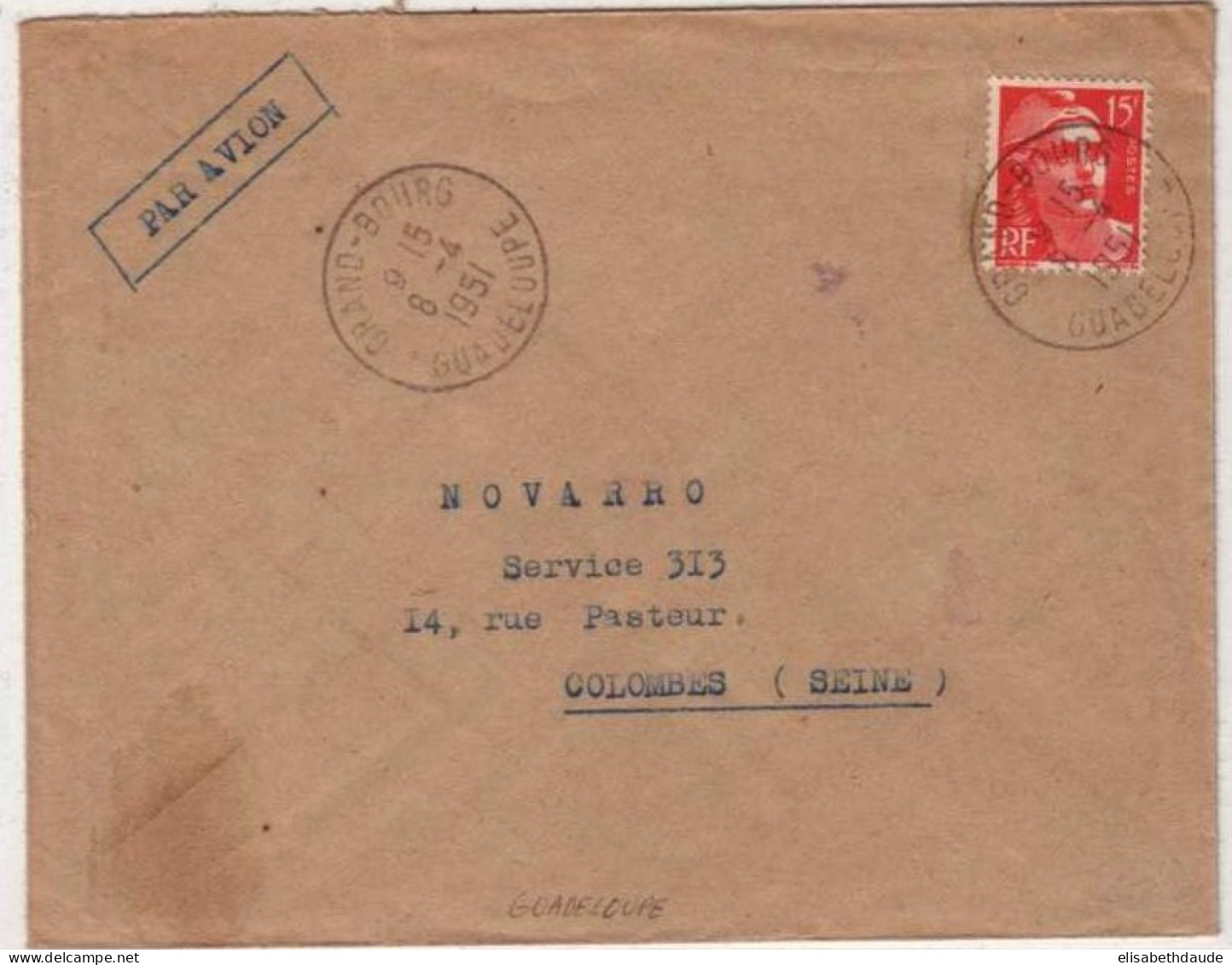 GUADELOUPE - 1951 - TIMBRES DE FRANCE (TYPE GANDON) Seul Sur LETTRE AVION De GRAND-BOURG Pour COLOMBES - Covers & Documents