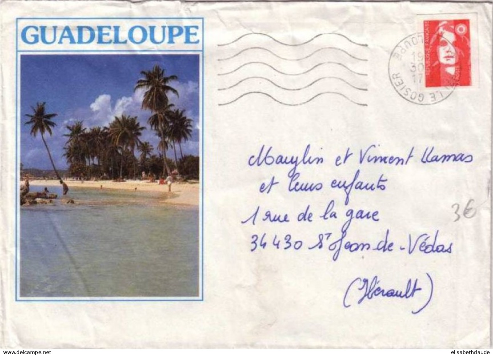 GUADELOUPE - 1993 - TIMBRES DE FRANCE (TYPE BRIAT) Sur LETTRE De LE GOSIER Avec CACHET INVERSE - Briefe U. Dokumente