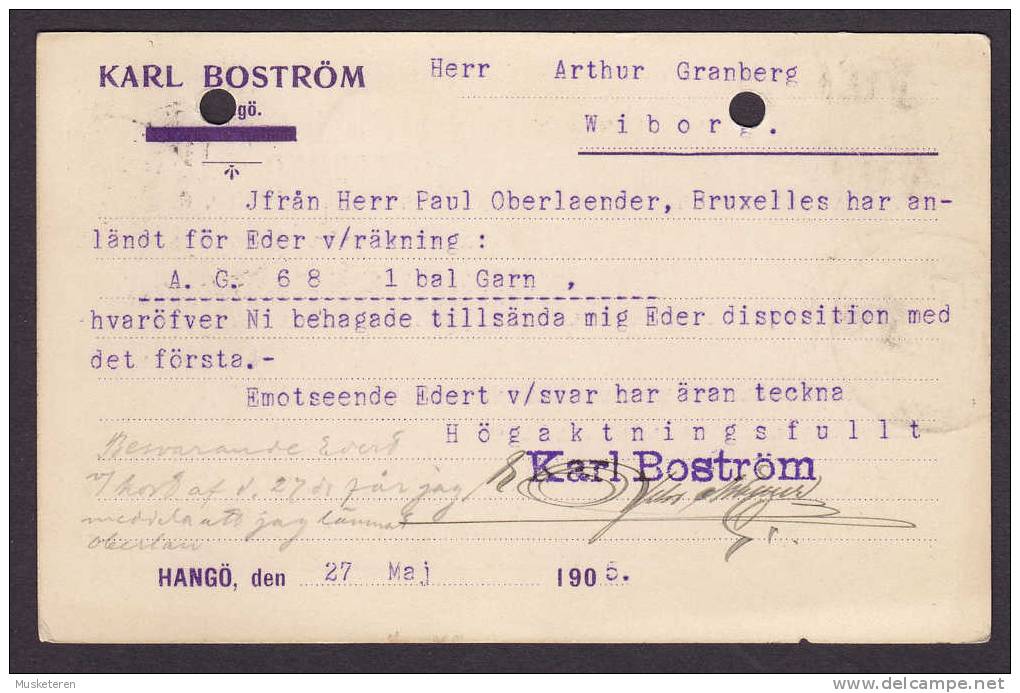 Finland UPU Postkort Carte Postale KARL BOSTRÖM Hangö, Cancel : Postilj. V. H. K. (Postal Horse Carrige?) 1905 To WIBORG - Briefe U. Dokumente