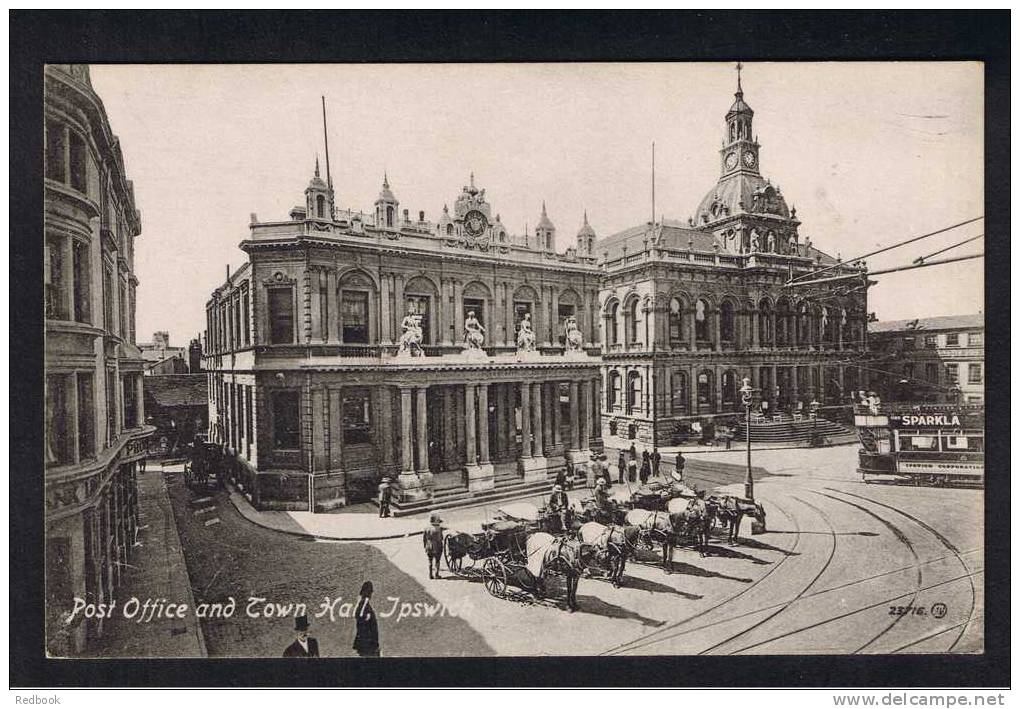 RB 663 - Early Postcard Tram & Horse Drawn Carriages Taxis Post Office & Town Hall Ipswich Suffolk - Ipswich