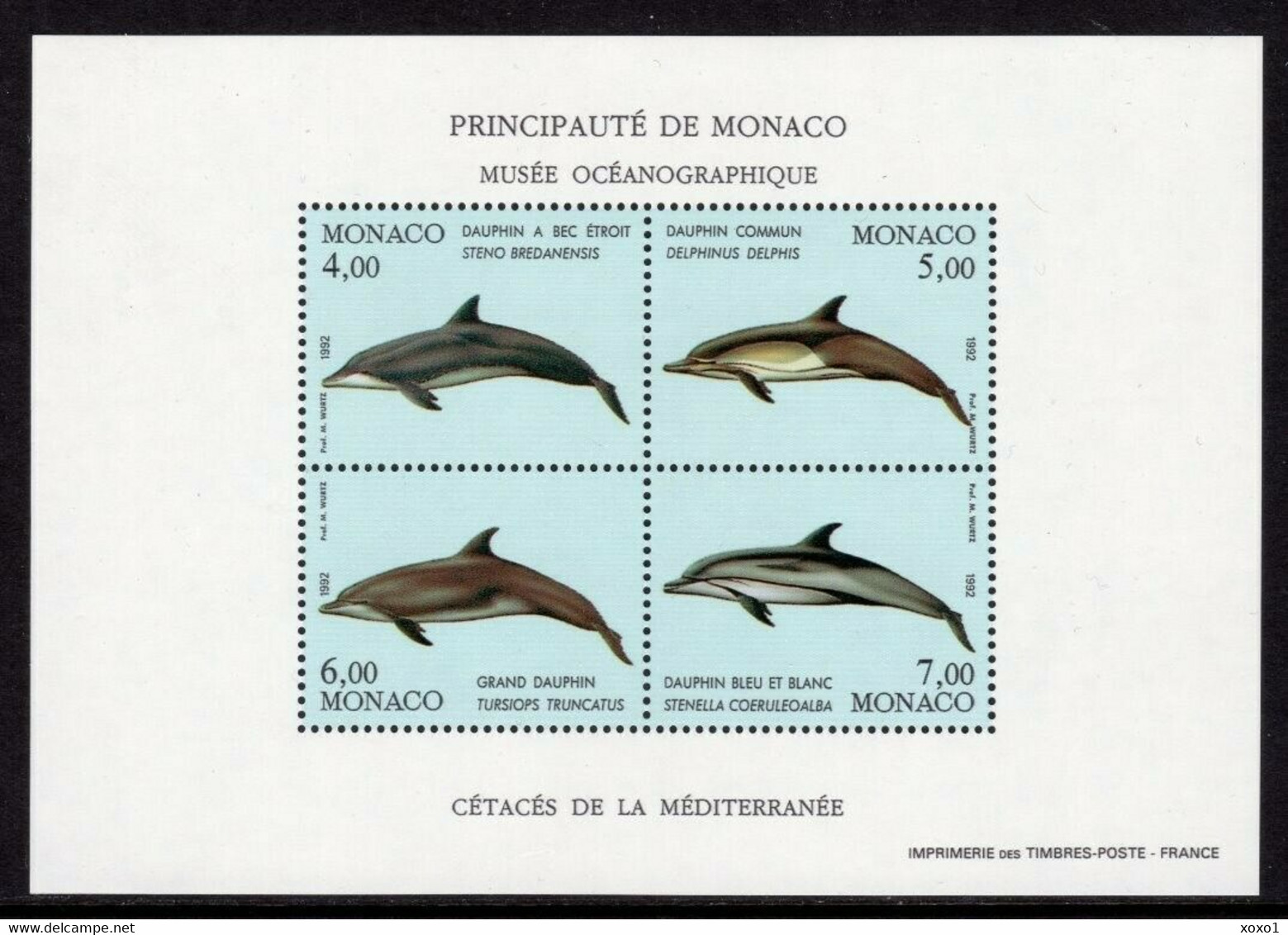 Monaco 1992 MiNr. 2058 - 2061 (Block 54) Marine Malmmals - I  Dolphins 1s\sh MNH** 12,00 € - Dolphins