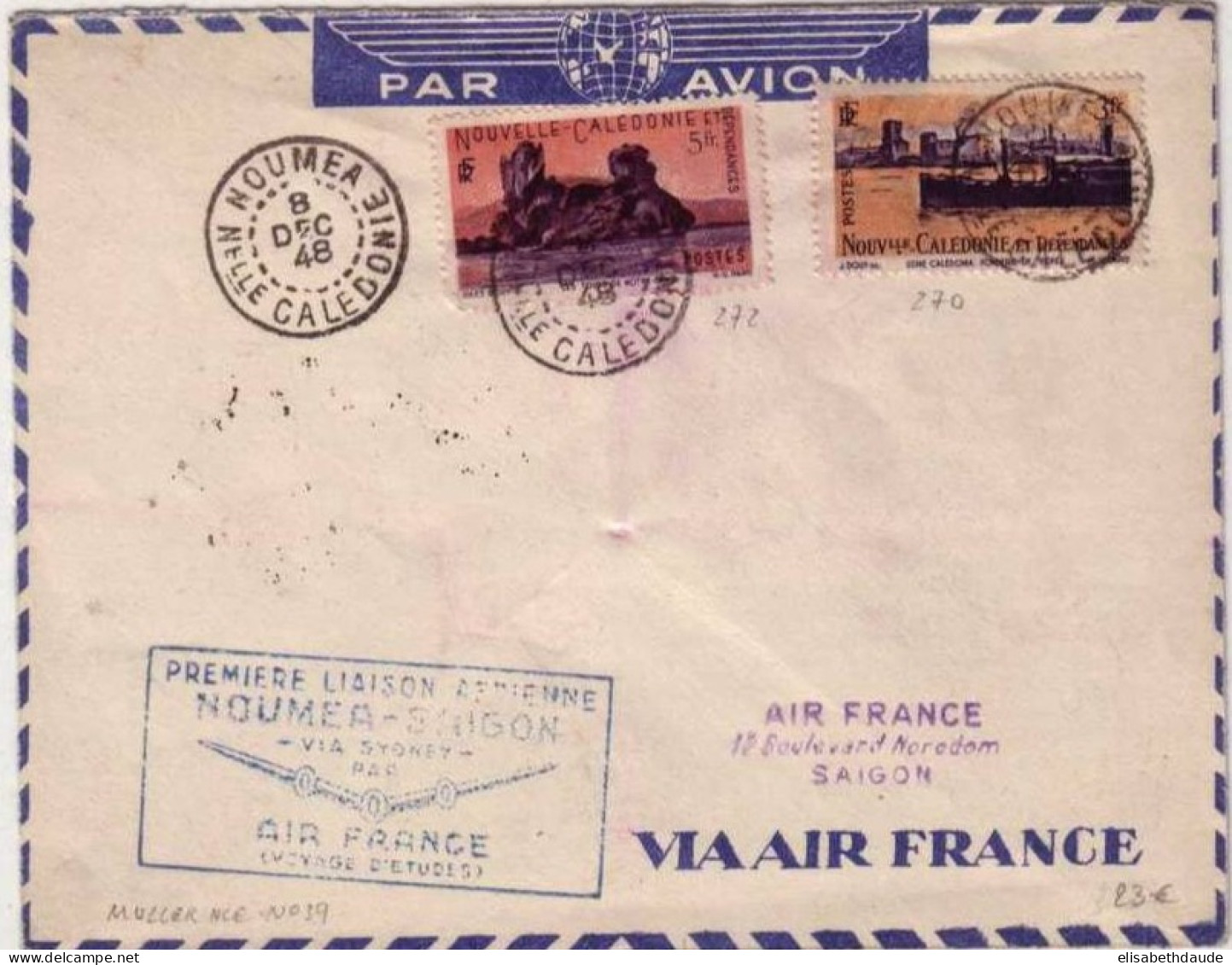 NOUVELLE CALEDONIE - 1948 - Yvert N°270+272 Sur LETTRE De NOUMEA Pour SAIGON (INDOCHINE) Par AIR FRANCE - Covers & Documents