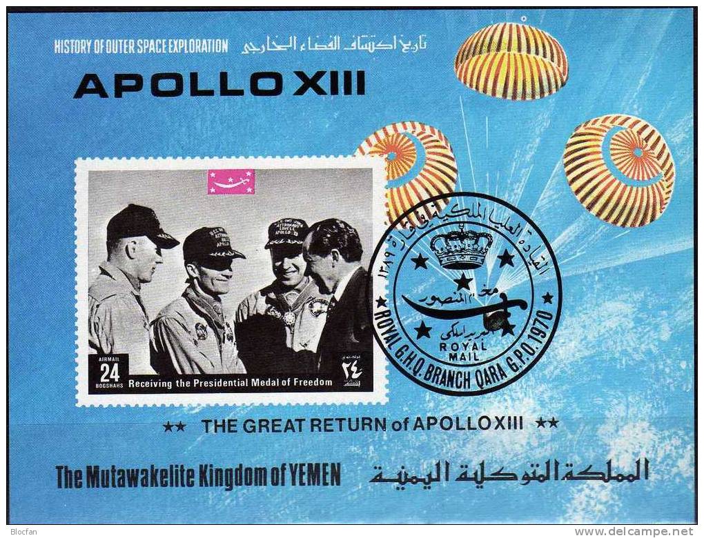 USA Mond-Raumflug 1969 KD Jemen 896-02, 7xER, BM Plus Block A179 O 20€ Rückkehr Crew Von Apollo 13 Bloc Sheet From Yemen - Yémen