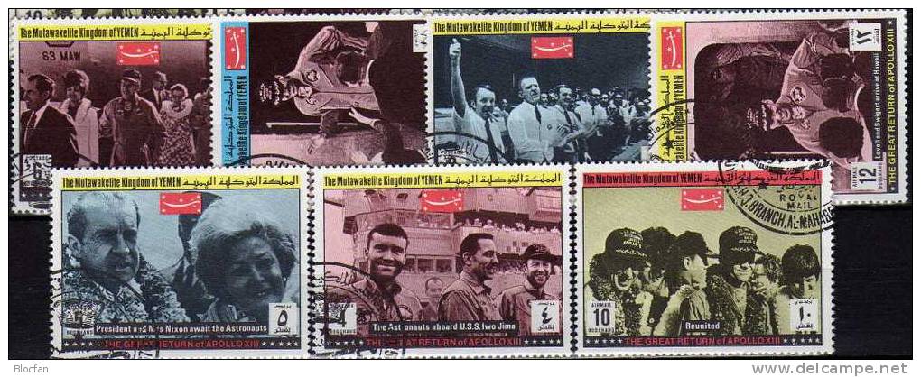 USA Mond-Raumflug 1969 KD Jemen 896-02, 7xER, BM Plus Block A179 O 20€ Rückkehr Crew Von Apollo 13 Bloc Sheet From Yemen - Yémen