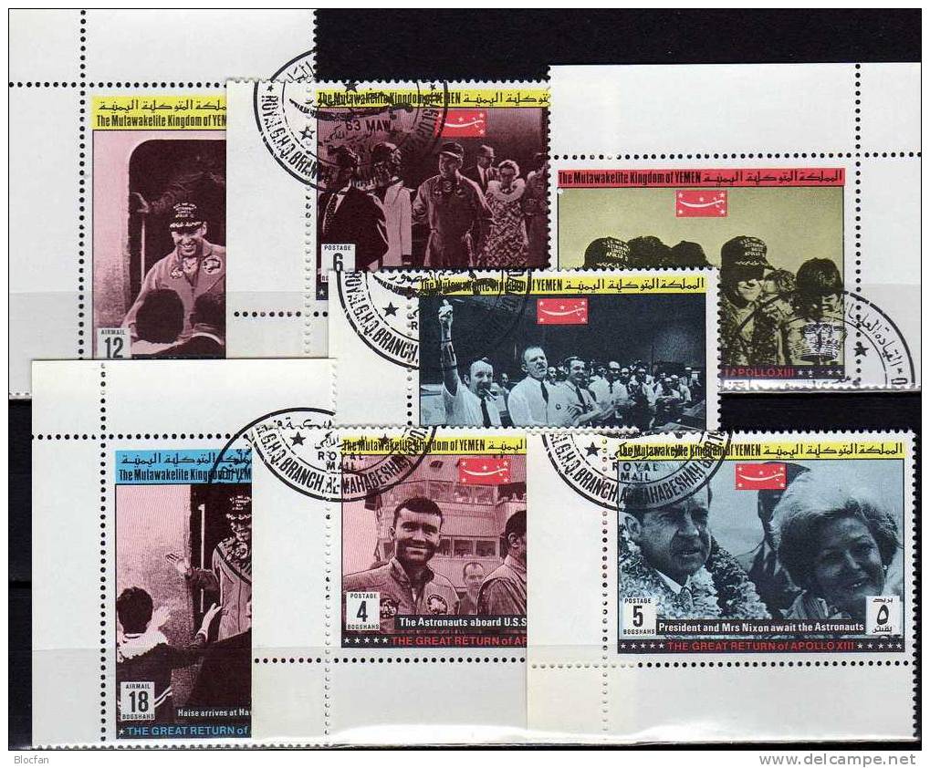 USA Mond-Raumflug 1969 KD Jemen 896-02, 7xER, BM plus Block A179 o 20€ Rückkehr Crew von Apollo 13 bloc sheet from Yemen