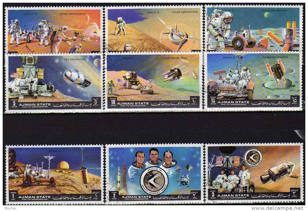 Apollo 15 Raumflug USA Zukunftsbilder 1972 VAE Ajman 1254/2 O 2€ Astronauten Raumfahrtprogramm Mondauto Set From Arabia - Fisica