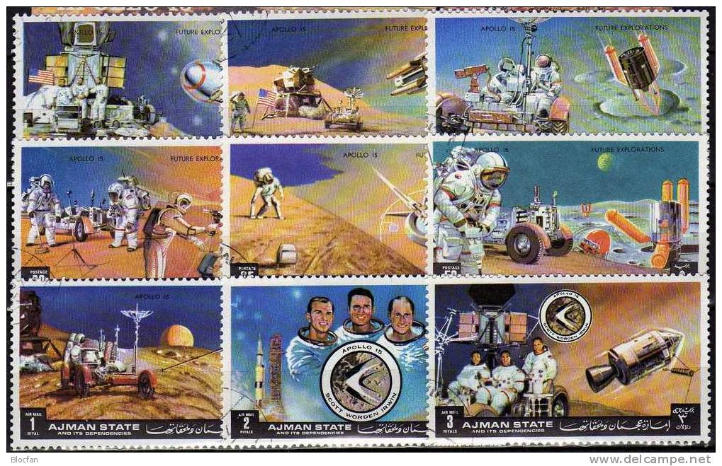 Apollo 15 Raumflug USA Zukunftsbilder 1972 VAE Ajman 1254/2 O 2€ Astronauten Raumfahrtprogramm Mondauto Set From Arabia - Physics