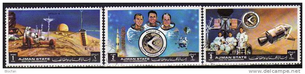 Apollo 15 Raumflug USA Zukunftsbilder 1972 VAE Ajman 1254/2 O 2€ Astronauten Raumfahrtprogramm Mondauto Set From Arabia - Physics