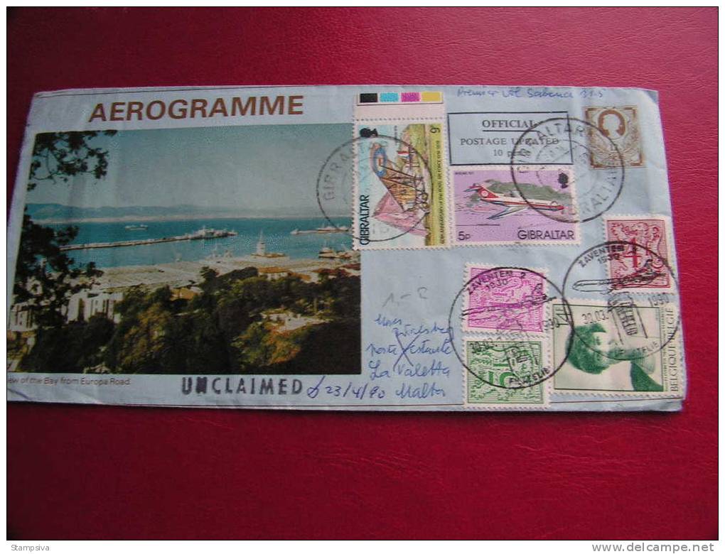 == Gibraltar - 1990 Aerogramme,  Mixed Franking With Belgium - Valeta Malta Unclaimed .. Nice - Gibraltar