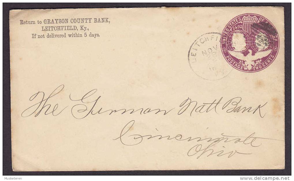 United States Private Postal Stationery Ganzsache GRAYSON COUNTY BANK, LEITCHFIELD Ky. 1893 Cover To CINCINNATI - ...-1900