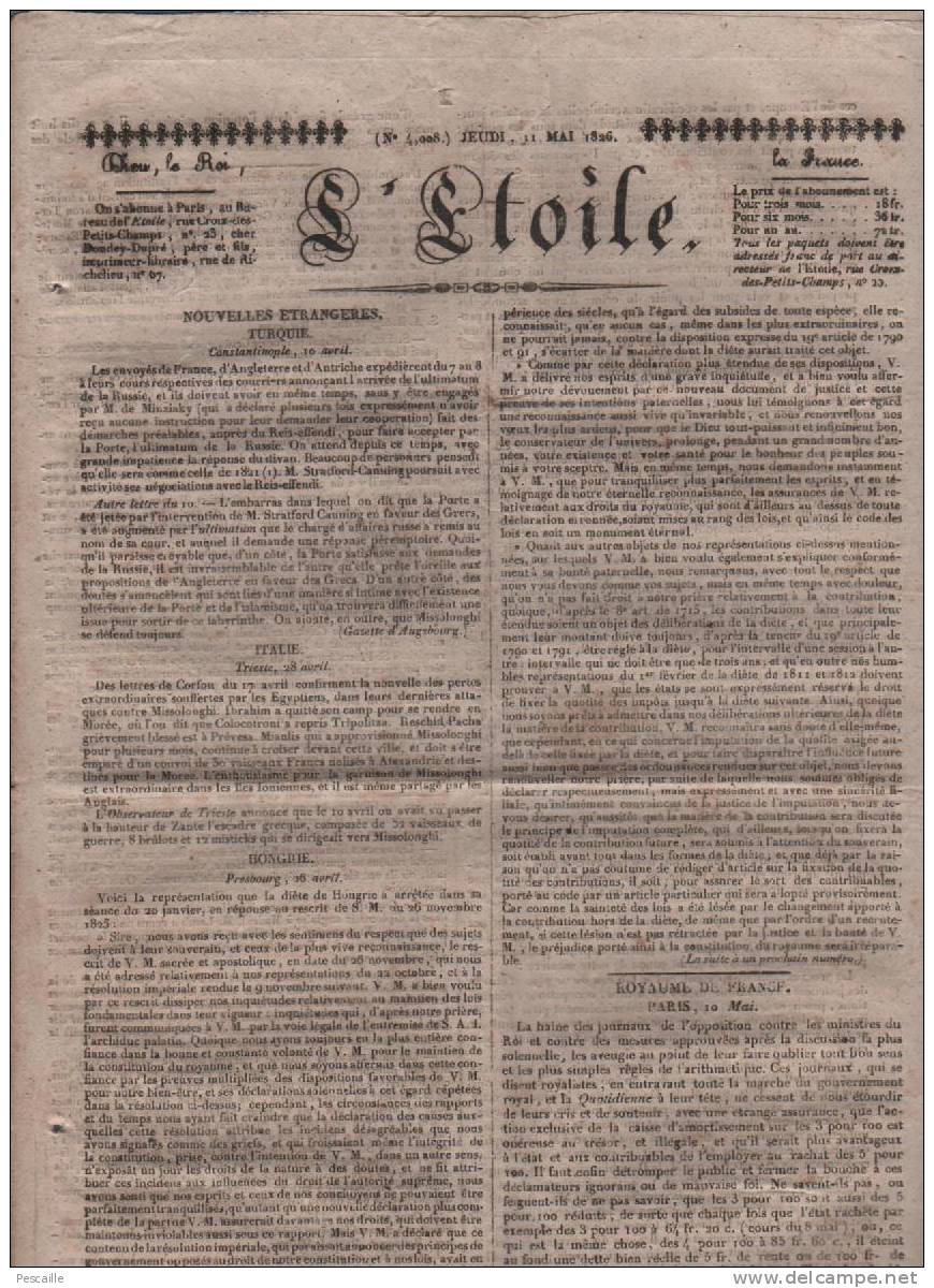 L´ETOILE 11 05 1826 - HONGRIE - TURQUIE - GRECE - LOI SUBSTITUTIONS - MINISTRES DU ROI DE FRANCE - 1800 - 1849