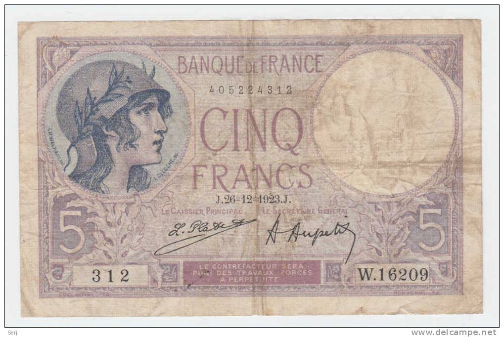 FRANCE 5 FRANCS 1923 P 72c  72 C - 5 F 1917-1940 ''Violet''