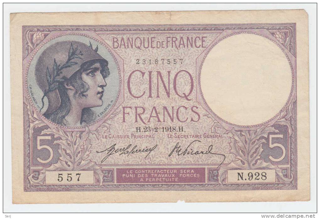 FRANCE 5 FRANCS 1918 P 72a  72 A - 5 F 1917-1940 ''Violet''