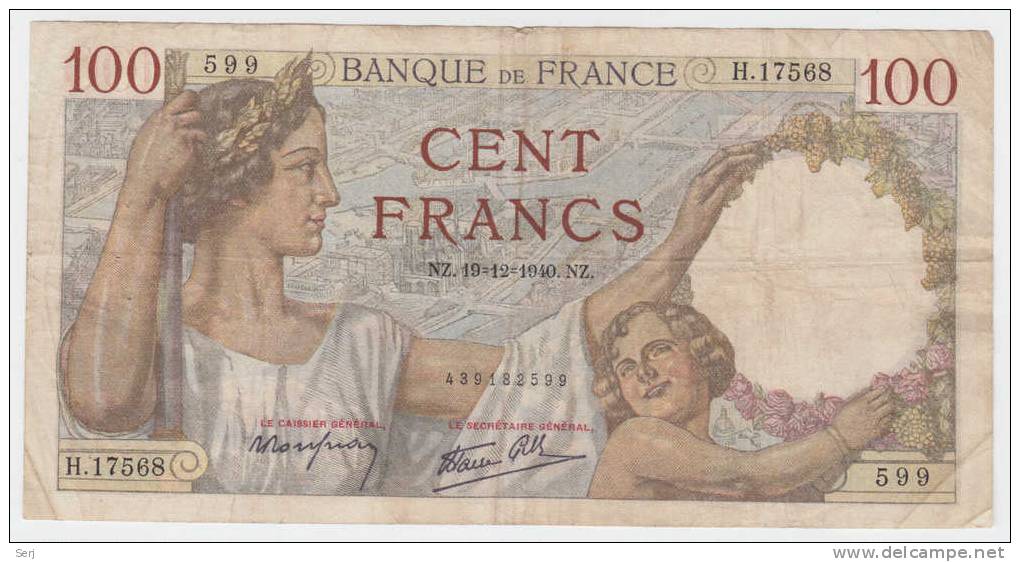 FRANCE 100 FRANCS 1940 P 94 - 100 F 1939-1942 ''Sully''