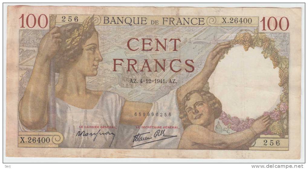 FRANCE 100 FRANCS 1941 P 94 - 100 F 1939-1942 ''Sully''