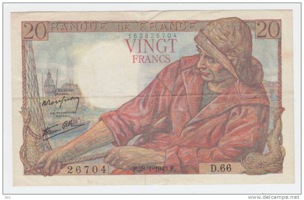 FRANCE 20 FRANCS 1943 P 100a  100 A - 20 F 1942-1950 ''Pêcheur''