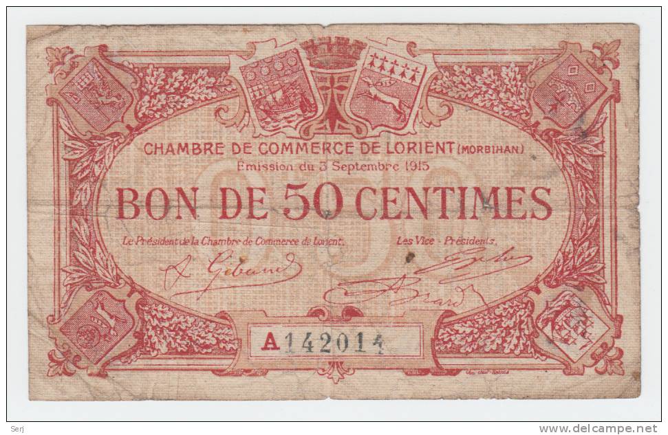 CHAMBRE COMMERCE LORIENT (MORBIHAN) 50 CENTIMES 1915 VERY RARE - Chambre De Commerce