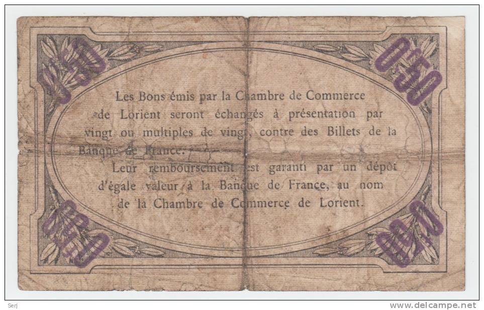 CHAMBRE COMMERCE LORIENT (MORBIHAN) 50 CENTIMES 1915 VERY RARE - Chambre De Commerce