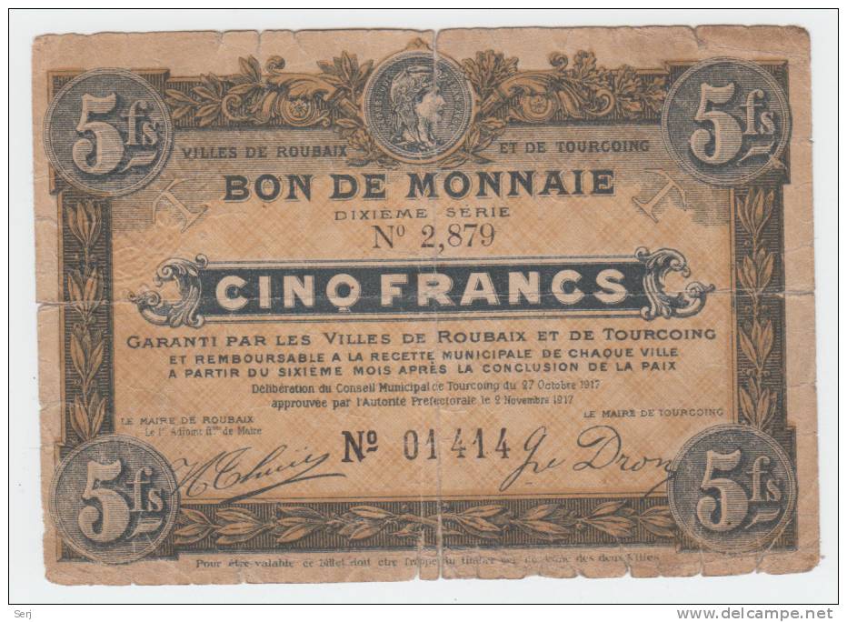 BON DE MONNAIE 5 CINQ FRANCS 1917 VERY RARE - Bons & Nécessité