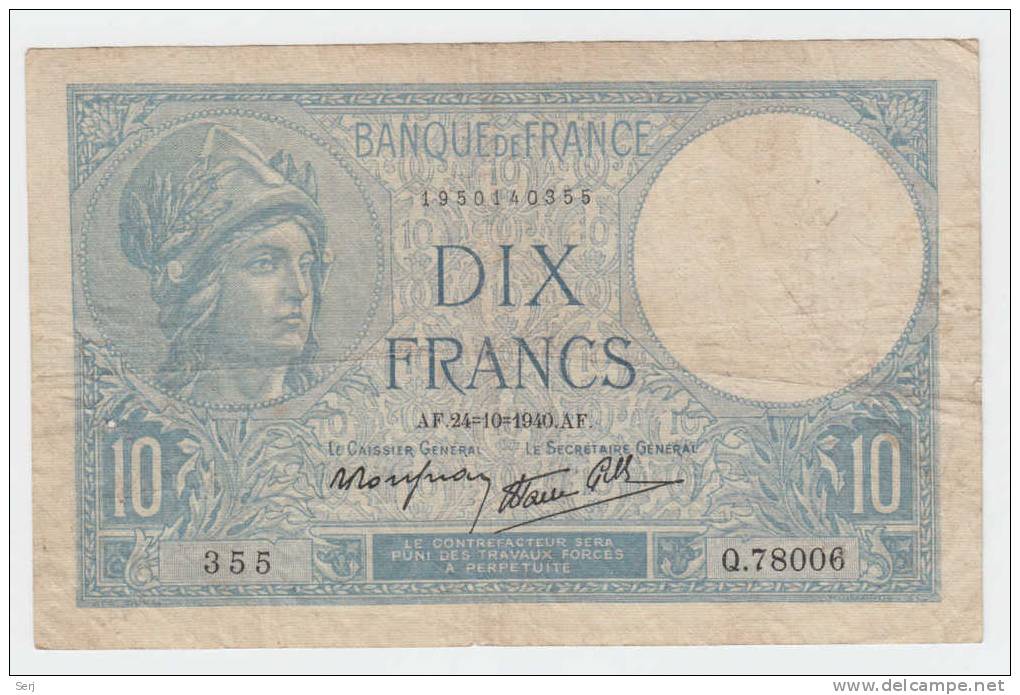 FRANCE 10 FRANCS 1940 P 84 - 10 F 1916-1942 ''Minerve''