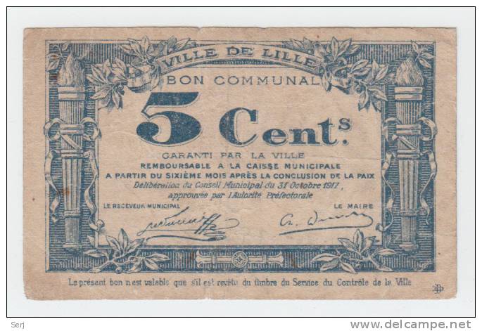 VILLE DE LILLE BON COMMUNAL 5 CENTs 1917 - Bons & Nécessité