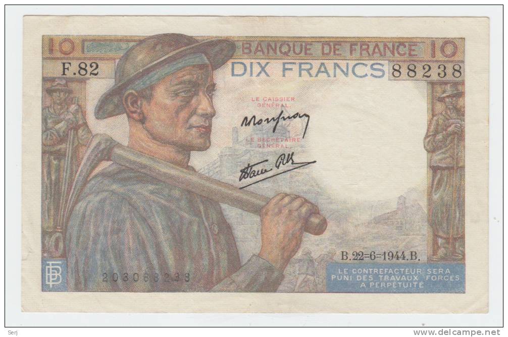 FRANCE 10 FRANCS 1944 P 99e  99 E - 10 F 1941-1949 ''Mineur''