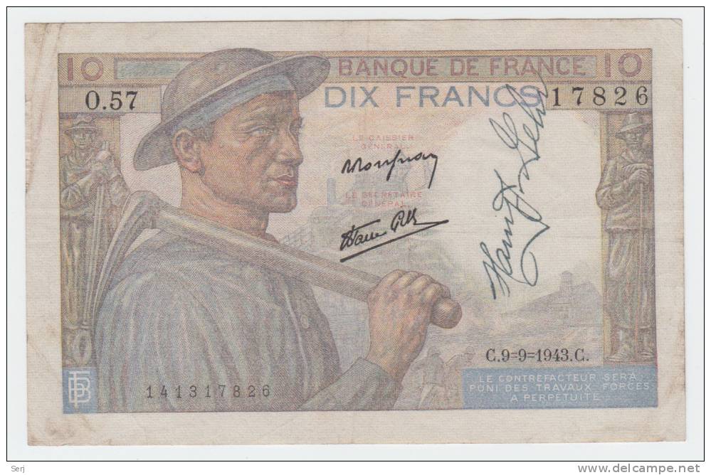 FRANCE 10 FRANCS 1943 P 99d  99 D - 10 F 1941-1949 ''Mineur''