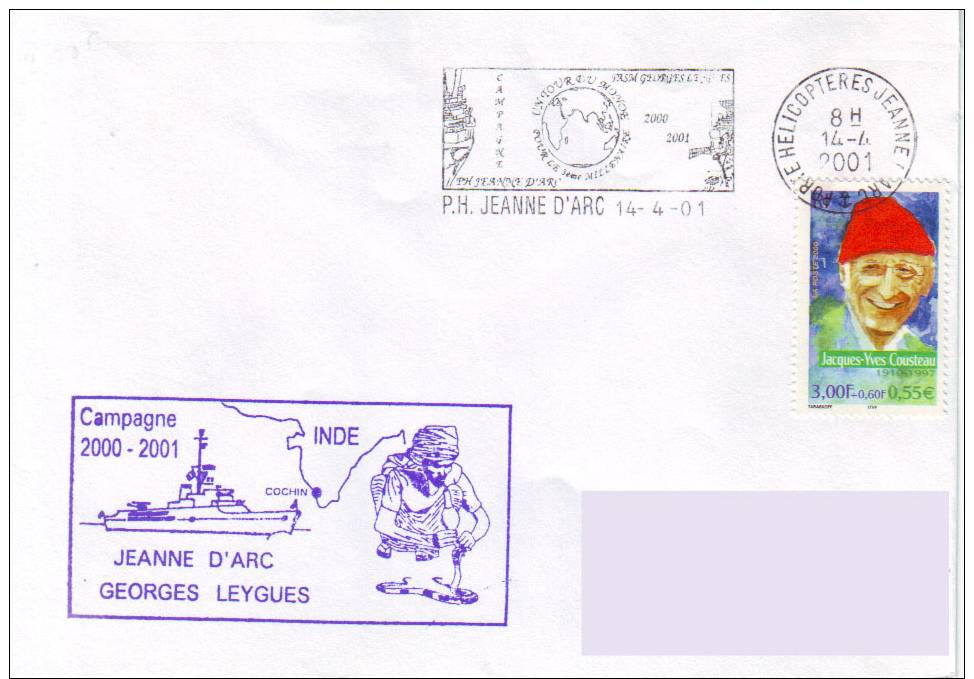 PORTE HELICOPTERES JEANNE D´ARC-FASM GEORGES LEYGUES-GEAOM 2000/2001-ESCALE DE COCHIN-INDE-COUSTEAU-LE 14/04/2001 - Poste Navale
