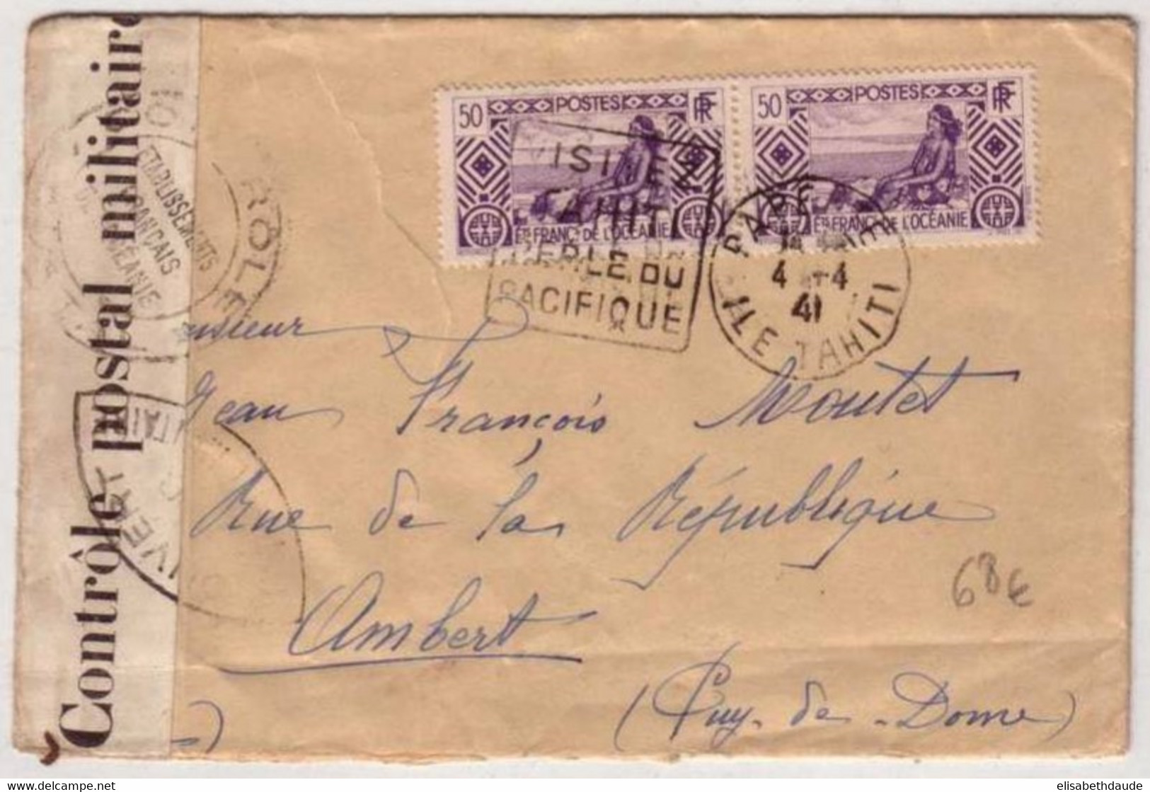 OCEANIE - 1941 - YVERT N°99x2 Sur LETTRE Avec CENSURE De PAPEETE Avec DAGUIN Pour AMBERT - RARE - Lettres & Documents