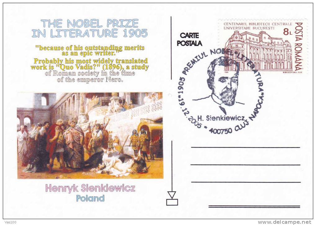 HENRYK SIENKIEWICZ,THE NOBEL PRIZE IN LITERATURE 1905 Postcard Obliteration Concordante Romania. - Writers