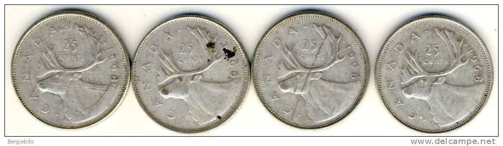 Canada 4 Silver 25 Cents Quarters From 1968, No Nickel!! # 2 - Canada