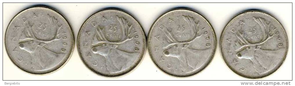 Canada 4 Silver 25 Cents Quarters From 1968, No Nickel!! # 3 - Canada