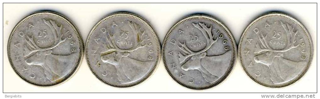 Canada 4 Silver 25 Cents Quarters From 1968, No Nickel!! # 4 - Canada