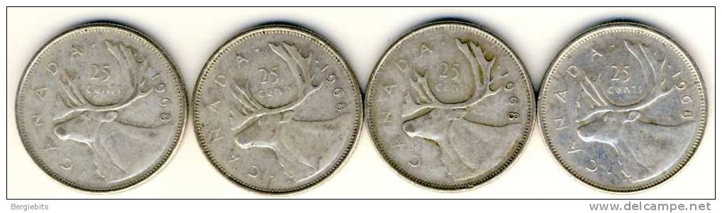 Canada 4 Silver 25 Cents Quarters From 1968, No Nickel!! # 5 - Canada