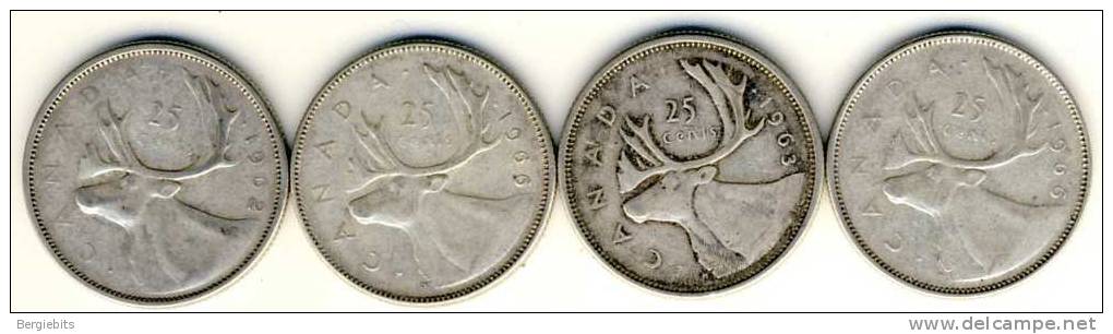 Canada 4 SILVER  25 Cents Quarters Various Dates # 4 - Canada