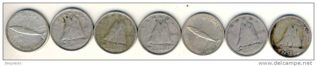 Canada 7 SILVER  Dimes 10 Cents, Various Dates # 1 - Canada