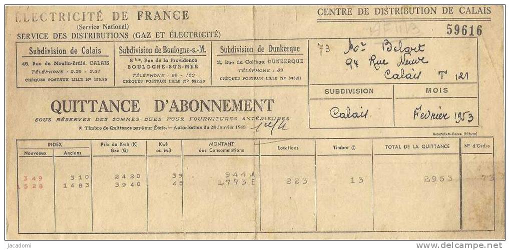 Electricité De France - Centre De Calais, Quittance De Février 1953 - Elektrizität & Gas