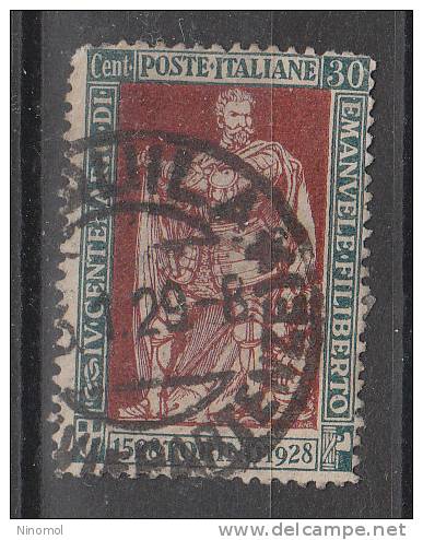 Italia   -   1928.  Emanuele  Filiberto   30 C.   Dent. 13½.    Discreta Centratura.  Viaggiato - Usati