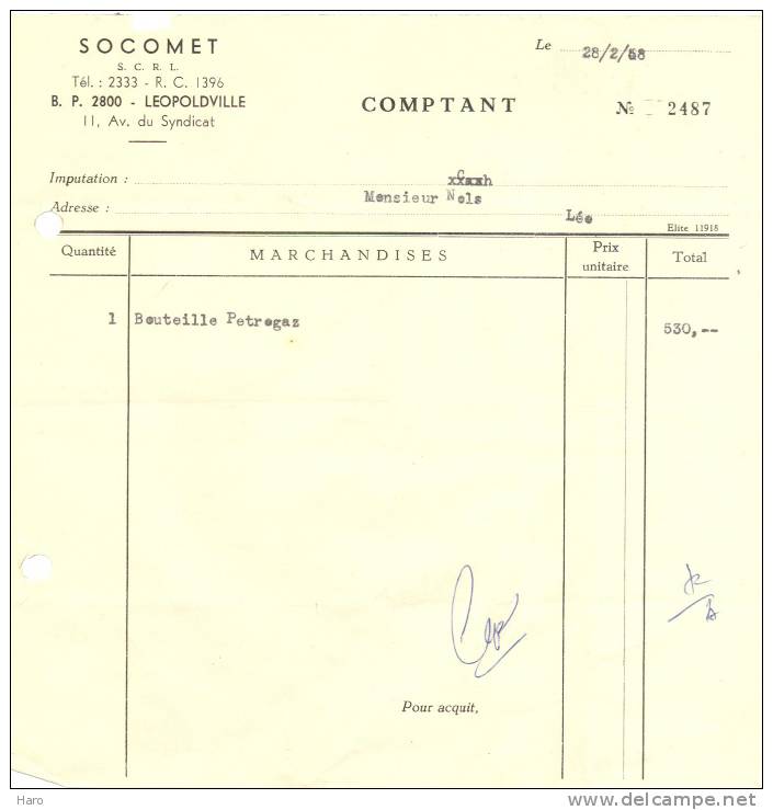 CONGO BELGE - Léopoldville - Lot De 2 Factures "SOCOMET"  (b52) - Autriche