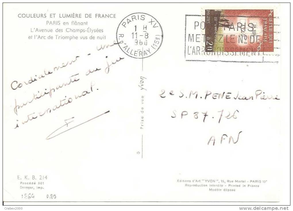 Ny&t   1264   CP     PARIS XV  Vers   A F N  Le   11 AOUT1960 - Cartas & Documentos