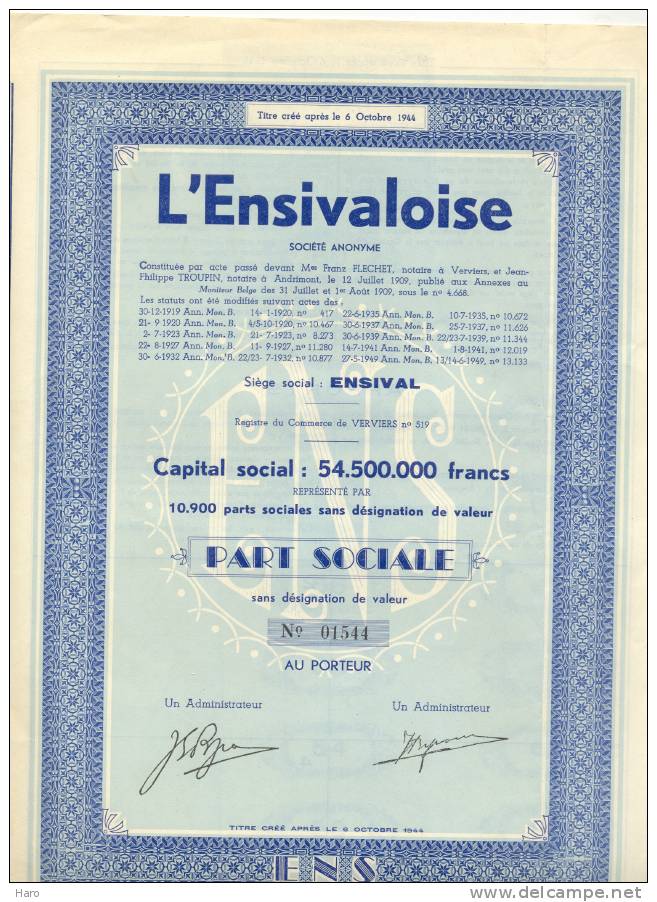 Action - Titre "L´Ensivaloise"  Ensival (Verviers)  (b52) - D - F