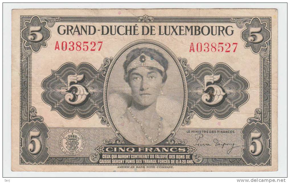 LUXEMBOURG 5 FRANCS 1944 P 43b 43 B - Luxemburg