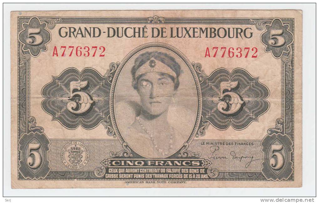 LUXEMBOURG 5 FRANCS 1944 P 43b 43 B - Luxembourg