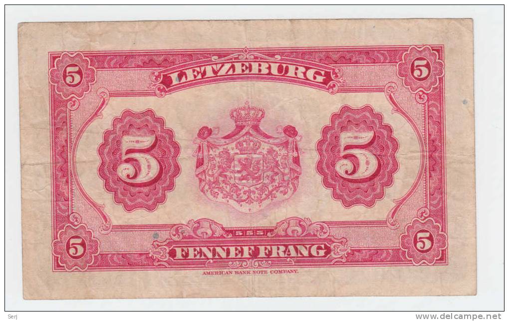 LUXEMBOURG 5 FRANCS 1944 P 43b 43 B - Luxembourg